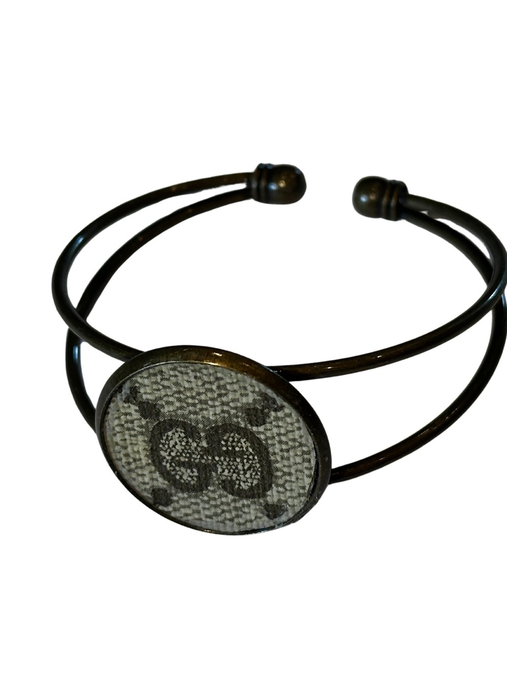 Upcycled Designer Monogram Canvas Antique Brass Tone Cuff Bracelet